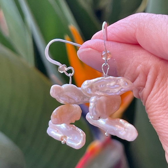 Genuine Kashi pearl solid sterling silver hoop earrings - Picture 4 of 6